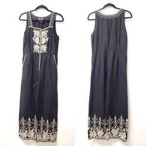Johnny Was Linen Embroidered Sleeveless Square Neck Wide Leg Jumpsuit Size S